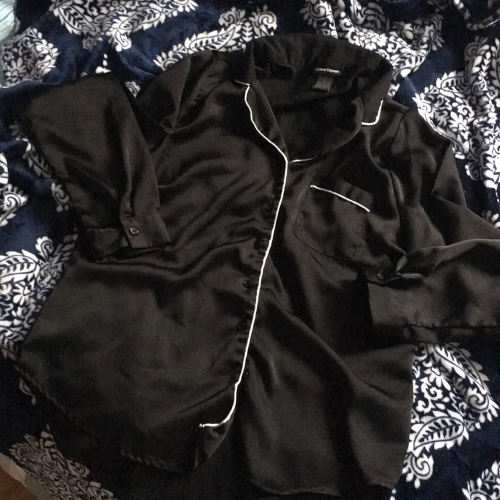 Black satin button down blouse
